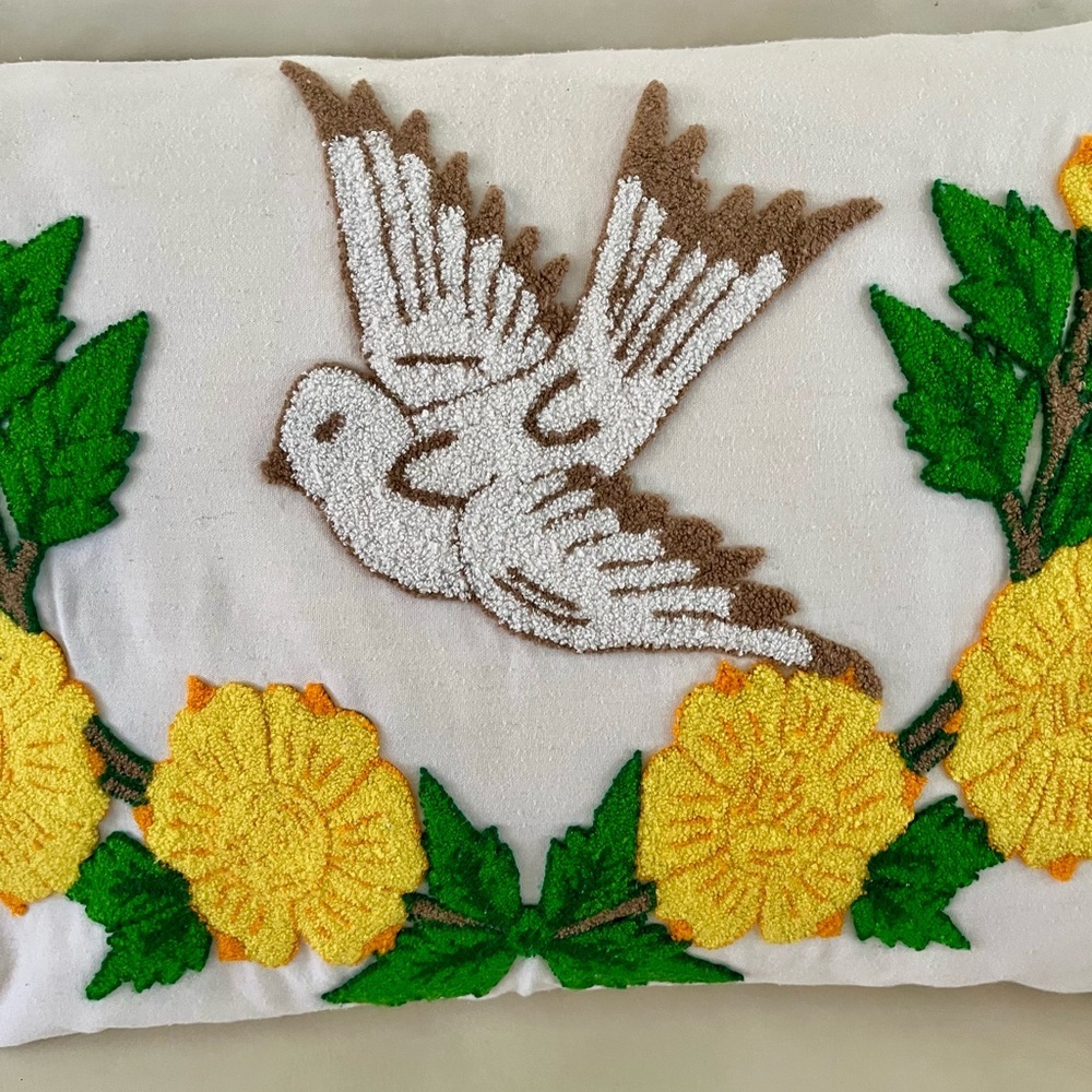 Embroidered Bird and Floral Pillow 17/25 inches - Picture 3 of 12